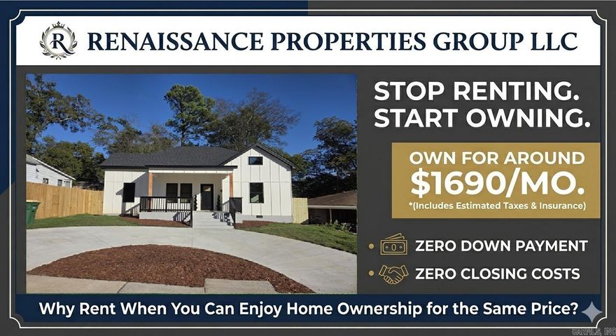 Why rent when you can own? For around $1,690/monthly (taxes & insurance included), this meticulously rebuilt home can be yours. Utilize zero down, zero closing costs, and a $10K Little Rock first-time buyer grant to build equity and enjoy homeowner tax benefits instead of paying your landlord's mortgage.  Located in the historic Governor’s Mansion area, this contemporary 3-bed, 2-bath masterpiece is practically new construction, boasting all-new plumbing, electrical, and HVAC systems.  Step inside to soaring 10-foot ceilings, elegant recessed lighting, and luxury plank floors. The expansive layout offers two living areas and a separate dining room. The dazzling chef's kitchen features natural stone counters, new stainless appliances, custom cabinets, and a massive walk-in pantry.  The primary suite is a true retreat with a large walk-in closet and a spa bath showcasing a freestanding tub and a custom-tiled walk-in shower. The second bedroom also includes a walk-in closet. A large, dedicated laundry room adds convenience.  Outside, a new concrete circle driveway and fresh sod offer stunning curb appeal. Entertain on the brand-new deck in your large, fully fenced backyard.