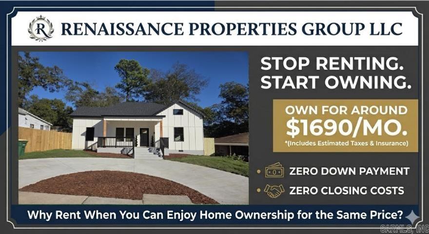 Why rent when you can own? For around $1,690/monthly (taxes & insurance included), this meticulously rebuilt home can be yours. Utilize zero down, zero closing costs, and a $10K Little Rock first-time buyer grant to build equity and enjoy homeowner tax benefits instead of paying your landlord's mortgage.  Located in the historic Governor’s Mansion area, this contemporary 3-bed, 2-bath masterpiece is practically new construction, boasting all-new plumbing, electrical, and HVAC systems.  Step inside to soaring 10-foot ceilings, elegant recessed lighting, and luxury plank floors. The expansive layout offers two living areas and a separate dining room. The dazzling chef's kitchen features natural stone counters, new stainless appliances, custom cabinets, and a massive walk-in pantry.  The primary suite is a true retreat with a large walk-in closet and a spa bath showcasing a freestanding tub and a custom-tiled walk-in shower. The second bedroom also includes a walk-in closet. A large, dedicated laundry room adds convenience.  Outside, a new concrete circle driveway and fresh sod offer stunning curb appeal. Entertain on the brand-new deck in your large, fully fenced backyard.