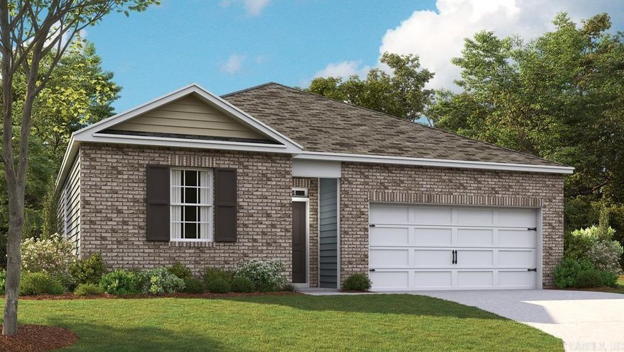 Estimated Completion: Late June. This appealing one-story home includes many contemporary features, and an open-concept design enhances the feel of this home. The kitchen includes a large island perfect for bar-style eating or entertaining, a pantry, and plenty of cabinets and counter space. The dining room and living room both overlook the covered porch, which is a great area for relaxing and dining al fresco. The large Bedroom One, located at the back of the home for privacy, can comfortably fit a king size bed, and includes an en suite bathroom with double vanity, walk-in closet, and separate linen closet. At the front of the home, two bedrooms share a second bathroom. The two-car garage connects to the front hallway where the laundry room is located. Pictures, photographs, colors, features, and sizes are for illustration purposes only and will vary from the homes as built.