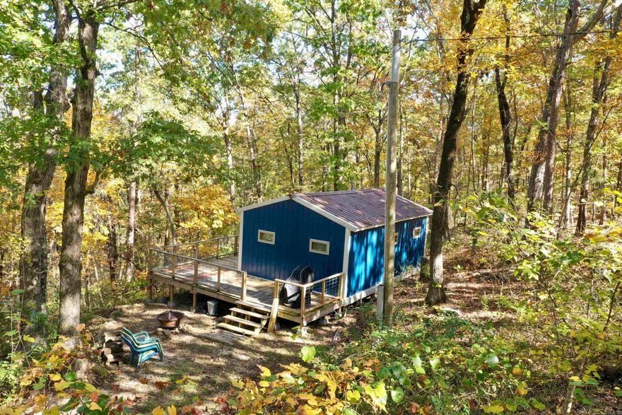 This property is a must see. Private drive into a beautifully wooded escape. Newly built cabin with metal siding for easy maintenance and a wrap around deck overlooking the sloped, wooded acreage. This studio cabin has enough space for a full size bunk and 2 sofas in the living area, spacious bathroom with a shower and a kitchenette for your convenience. 384 sq feet of heated and cooled space, 10 acres of privacy. Also offering a seasonal creek at the bottom of the hillside. Excellent hunting for deer and turkey, game camera pictures provided. There is an additional 5 acres adjoining that will be available to purchase, agents see remarks.