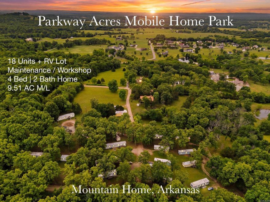 Income-producing opportunity in the heart of the Ozarks! Parkway Acres Mobile Home Park offers 18 mobile home units, 1 RV spot, plus a 4BR/2BA home on 9.51 AC M/L in a park-like setting near some of North Central Arkansas’ top recreational destinations. Located close to the White River, Buffalo National River, Norfork Lake, and Bull Shoals Lake, this property combines investment potential with location appeal. Each unit features its own 911 address, mailbox, and electric meter. Property includes garage/workshop plus valuable equipment conveying with sale including maintenance van, backhoe, zero-turn mower, tools, and key cutting machine. On-site management and maintenance staff are willing to stay. Infrastructure updates include Lakeview/Midway water system with fire hydrant and all new water lines to units. Septic system consists of 3 tanks and 3 field systems in rotation. Monthly Terminix termite treatments and monthly AC filter changes already in place. Rare turnkey investment opportunity with established operations and room to grow!