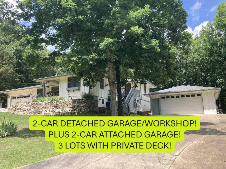 BIG HOME w/24x30 DETACHED GARAGE/WORKSHOP ALL ON 3 SURVEYED LOTS!  This 2 bedroom, 2 ½ bath home sits in the heart of Cherokee Village, with attached garage & RV parking with separate driveway. This home has had many updates from NEW ROOF & gutters in 2022 & hardwood flooring. Completely updated kitchen including new flooring & cabinets, granite & butcher block counter tops, gas cook stove & built-in microwave. Attached breakfast area also has new flooring and has lots of windows overlooking the backyard.  Primary bedroom & updated bath with tiled walk-in shower has an attached bonus room that could be used for a home gym, hobby room, or home office with a separate entrance to the outside. There is also a large guest bedroom with close proximity to the full hall bath. The huge living room, (appx. 15’x27’) can accommodate about any size family gatherings. There is also a separate Den or dining room with a lovely gas log fireplace that leads out to the back yard and to newly updated back deck & yard with new privacy fence. Tons of storage everywhere. Measurements from ArCo Data
