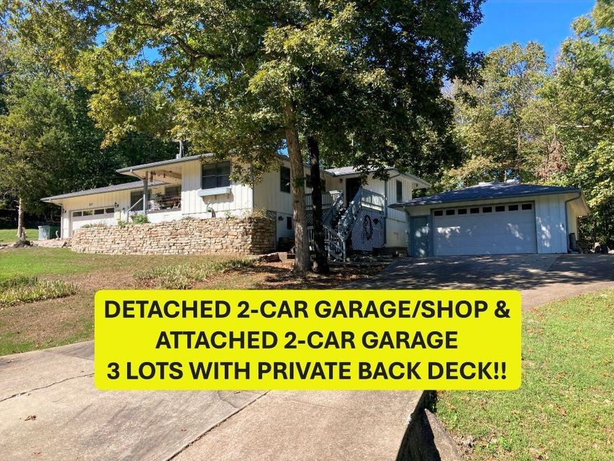 BIG HOME w/24x30 DETACHED GARAGE/WORKSHOP ALL ON 3 SURVEYED LOTS!  This 2 bedroom, 2 ½ bath home sits in the heart of Cherokee Village, with attached garage & RV parking with separate driveway. This home has had many updates from NEW ROOF & gutters in 2022 & hardwood flooring. Completely updated kitchen including new flooring & cabinets, granite & butcher block counter tops, gas cook stove & built-in microwave. Attached breakfast area also has new flooring and has lots of windows overlooking the backyard.  Primary bedroom & updated bath with tiled walk-in shower has an attached bonus room that could be used for a home gym, hobby room, or home office with a separate entrance to the outside. There is also a large guest bedroom with close proximity to the full hall bath. The huge living room, (appx. 15’x27’) can accommodate about any size family gatherings. There is also a separate Den or dining room with a lovely gas log fireplace that leads out to the back yard and to newly updated back deck & yard with new privacy fence. Tons of storage everywhere.