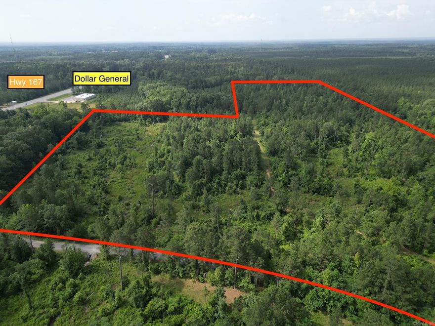 Excellent property for residential or commercial development. Access off Grant Rd 10. Backs up to Dollar General on Hwy 167. Some mature timber and lots of great building sites. Up to 90 Acres available.