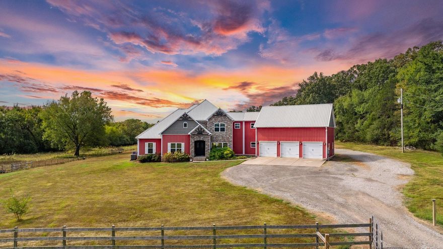 Come escape to the countryside in the beautiful 4300 sq ft farmhouse sitting on 10 acres of pasture, hardwoods and scenic running creek, featuring open floor plan, stain concrete, granite countertops throughout, This home has it all, large media room, man cave, safe room, in-ground pool, 40x60 shop, 1200 sq ft partially finished apartment needing topped out. This home is perfect for livestock, horses, outdoor enthusiast, plenty of room for garden, additional barns or trails. Plus additional 47 acres available