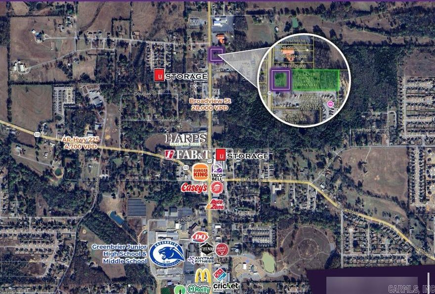 50 N Broadview Street offers a prime ±1.00-acre frontage opportunity in the heart of Greenbrier, positioned along the city’s primary retail and commercial corridor.   Strategically located along Broadview Street—Greenbrier’s main north–south arterial with traffic counts near 28,000 vehicles per day—the site provides outstanding visibility, access, and daily exposure. Surrounded by strong national and regional retailers including Walmart Neighborhood Market, Harps Food Stores, McDonald’s, Burger King, and Taco Bell, the property benefits from established retail synergy and consistent consumer traffic.  This highly visible location is well-suited for retail, QSR, medical, professional office, or service-oriented development, making it a compelling investment opportunity in one of Greenbrier’s most active commercial areas.