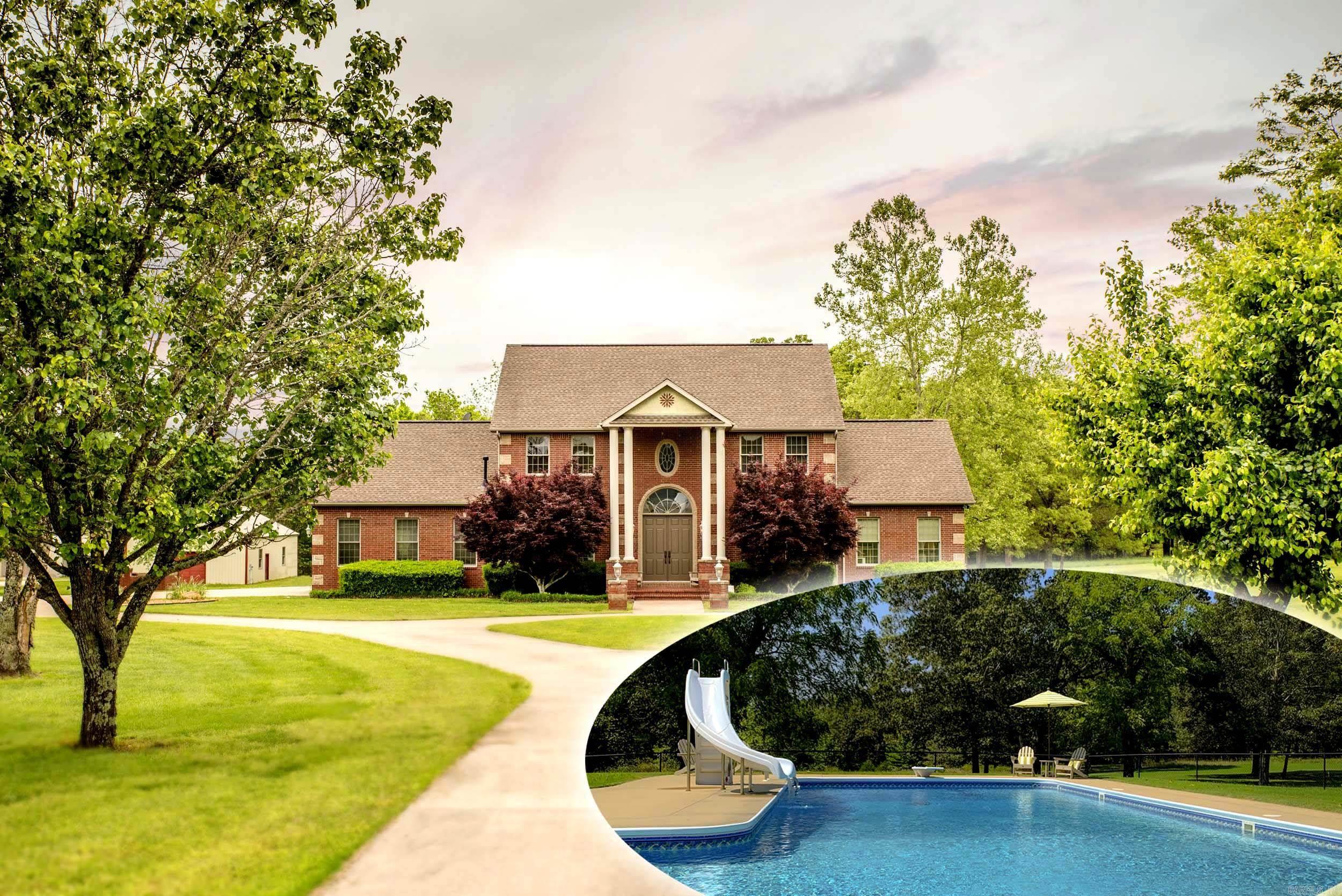 Welcome to this elegant 3 bed, 3.5 bath custom home set on 5+ park-like acres m/l . You are greeted by stunning architectural details, circle driveway, statement entryway, double doors, grand staircase and hardwood floors. A formal dining room leads to the kitchen which features an island, double ovens, beautiful cabinetry, a pantry, breakfast nook, and abundant storage.The spacious family room has vaulted ceilings and gas fireplace while the flex room offers ideal space for an office, exercise space, or hobby area. Each of the three beds includes double closets. Primary suite offers luxurious ensuite bathroom complete with separate tub & shower. Second bed features its own ensuite bath. The large bonus room provides more space & storage. The back deck overlooks fenced backyard, complete with in-ground pool with slide, diving board, new liner, pump, and cover. Additional highlights include dedicated laundry room, new HVAC system, 3-car garage, large shop, and additional small barn.