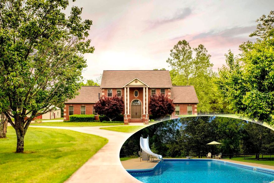 Welcome to this elegant 3 bed, 3.5 bath custom home set on 5+ park-like acres m/l . You are greeted by stunning architectural details, circle driveway, statement entryway, double doors, grand staircase and hardwood floors. A formal dining room leads to the kitchen which features an island, double ovens, beautiful cabinetry, a pantry, breakfast nook, and abundant storage.The spacious family room has vaulted ceilings and gas fireplace while the flex room offers ideal space for an office, exercise space, or hobby area. Each of the three beds includes double closets. Primary suite offers luxurious ensuite bathroom complete with separate tub & shower. Second bed features its own ensuite bath. The large bonus room provides more space & storage. The back deck overlooks fenced backyard, complete with in-ground pool with slide, diving board, new liner, pump, and cover. Additional highlights include dedicated laundry room, new HVAC system, 3-car garage, large shop, and additional small barn.