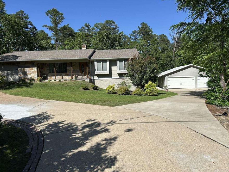 Remodeled and updated 3 bedroom, 3 bath on approximately .6 acres. Quartz kitchen counter tops, upper end LVP flooring and no popcorn ceilings. One basement accessible from outside, one accessible from inside with storm shelter built to FEMA specifications. Heat pump replaced in 2018 water heater in 2025. Exterior is James Hardie siding and real stone. Detached 30x30 shop/garage, steel frame with James Hardie siding to match house.