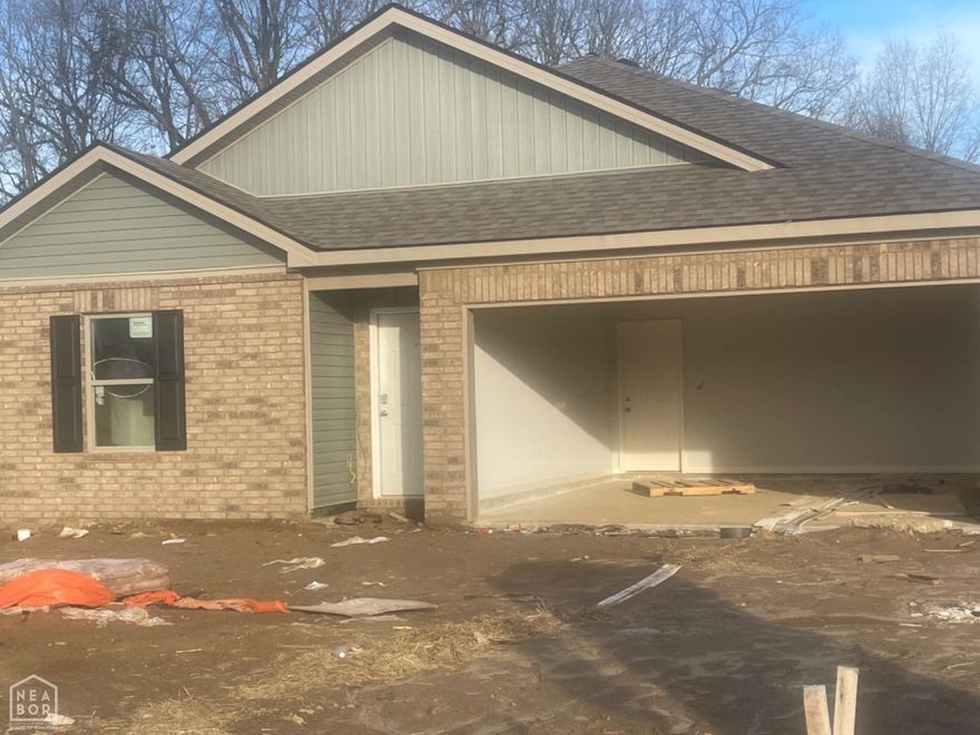 This appealing one-story home includes many contemporary features, and an open-concept design enhances the feel of this home. The kitchen includes a large island perfect for bar-style eating or entertaining, a pantry, and plenty of cabinets and counter space. The dining room and living room both overlook the covered porch, which is a great area for relaxing and dining al fresco. The large Bedroom One, located at the back of the home for privacy, can comfortably fit a king size bed, and includes an en suite bathroom with double vanity, walk-in closet, and separate linen closet. At the front of the home, three bedrooms share a second bathroom. The two-car garage connects to the front hallway where the laundry room is located. Pictures, photographs, colors, features, and sizes are for illustration purposes only and will vary from the homes as built. More Home Features: Granite Countertops, Comes with all appliances, Gutters, Blinds, Laminate Plank Flooring, Walk in Shower.