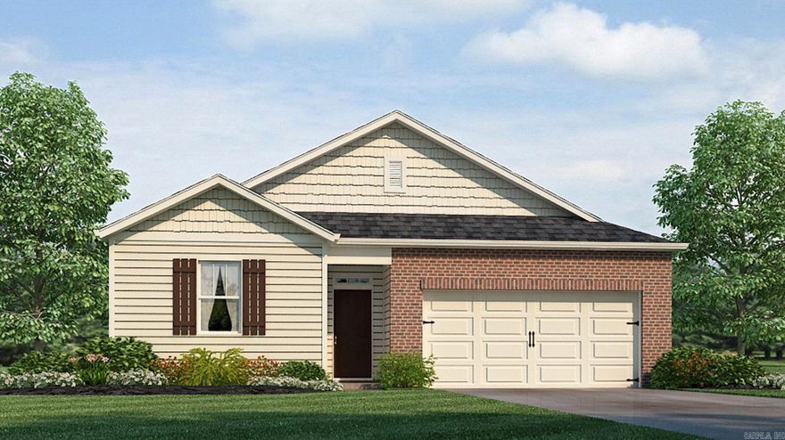 Estimated Completion: Late June. This appealing one-story home includes many contemporary features, and an open-concept design enhances the feel of this home. The kitchen includes a large island perfect for bar-style eating or entertaining, a pantry, and plenty of cabinets and counter space. The dining room and living room both overlook the covered porch, which is a great area for relaxing and dining al fresco. The large Bedroom One, located at the back of the home for privacy, can comfortably fit a king size bed, and includes an en suite bathroom with double vanity, walk-in closet, and separate linen closet. At the front of the home, two bedrooms share a second bathroom. The two-car garage connects to the front hallway where the laundry room is located. Pictures, photographs, colors, features, and sizes are for illustration purposes only and will vary from the homes as built.