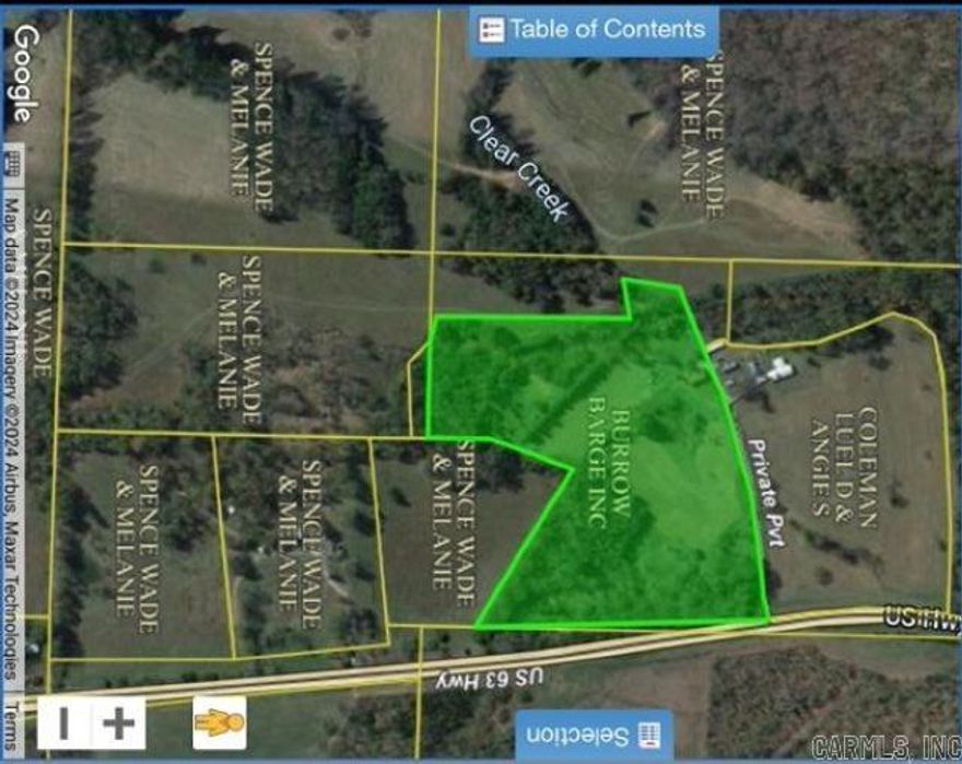 SHOP, CREEK, 23 ACRES M/L!!  22.69 acres with year round Clear Creek running across part of it. On corner of Coleman Lane and Highway 63. Old house place with electric and well (not guaranteed). 40X50 shop. Half pasture, half woods. Highway and gravel road frontage. Great hunting or building spot!