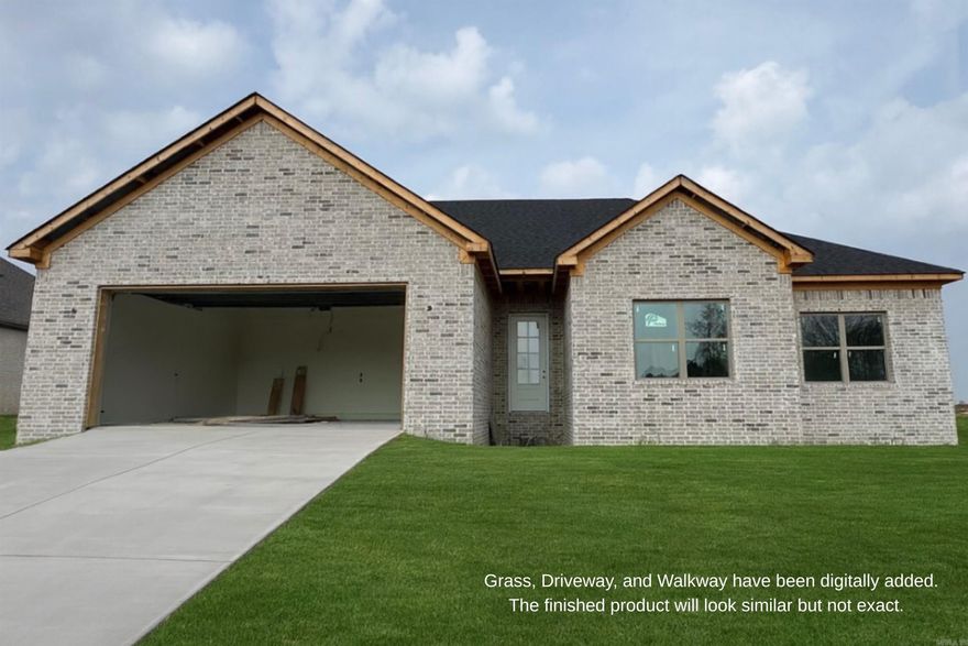 Discover this stunning new construction home offering serene views of the neighborhood pond right from the backyard. The thoughtful floor plan features a split-bedroom design that provides privacy and comfort for both the primary suite and guest rooms. The gorgeous kitchen stands out with its large island and generous workspace, making it perfect for everyday living and entertaining. In the living room, a floor-to-ceiling brick fireplace creates a warm and inviting focal point. The primary suite includes a spacious bathroom with a large walk-in closet and ample storage throughout. Enjoy relaxing evenings on the covered patio with beautiful tongue-and-groove ceilings that add an elevated touch. This home combines style, functionality, and craftsmanship in every detail.