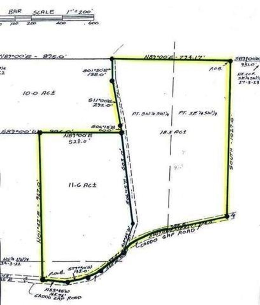 29 Acres MOL on Caddo Gap road, with Caddo Gap Lane Splitting it into 2 parcels. public water, gently rolling. Timber last harvested over 20 years ago. Could sell in 2 pieces, 18 1/2 and 11.6 acres.