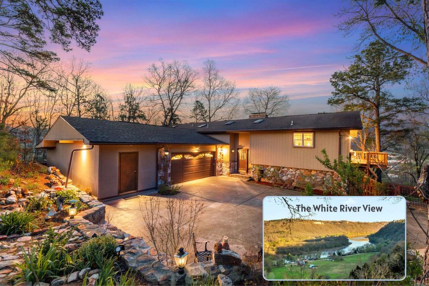 Perched above one of the most breathtaking vantage points in the Ozarks, this 3,252 sq ft mid-century modern home captures sweeping views of the White River and the North Fork confluence from nearly every room. Thoughtfully updated, the home features a fully remodeled kitchen with custom cabinetry and a spa-inspired primary suite with a step-in shower, soaking tub, and walk-in closet with laundry hookups. The primary bedroom includes a private sitting room - perfect for an office or craft space. Original character shines with wood-burning fireplaces on both levels, stunning rock accents inside and out, and a dramatic reimagined entry with dual staircases. The walk-out basement offers additional laundry with chute, abundant storage, and flexible living space. Outside, enjoy beautifully landscaped grounds, expansive decks, a detached shop, and direct access backing to the National Forest. A rare blend of architecture, privacy, and iconic river views.