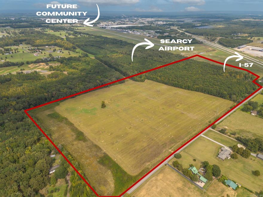 This 83+ ACRE property is conveniently located just off I-57 and is primed for significant development. Currently zoned I-1 for industrial use, its strategic proximity to Searcy Regional Airport, Walmart Distribution Center, and the City of Searcy's South Main Project, which includes a new community center, offers limitless opportunities for potential growth and investment. Lines on pictures are approximate.