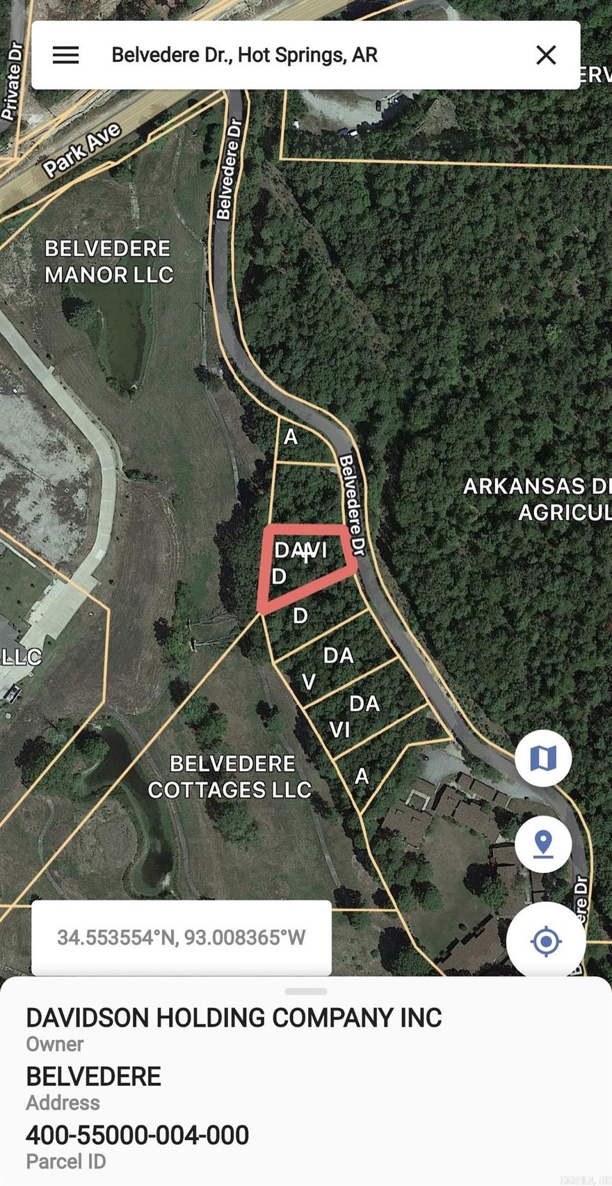 Beautiful lots in existing subdivision.  Surrounded by over 500 acres of green space owned by the AR Dept of Agriculture and Belvedere Cottages Assisted Living. Near the new bypass at Fountain Lake.  Located off of scenic Hwy 7.  5 minutes to Historic Downtown Hot Springs.  Less than 7 miles from Oaklawn Racing & Gaming. Utilities on Hwy 7, not available on this lot, running water/sewar utilities from Hwy 7 would be at expense of buyer or well and septic possibility.