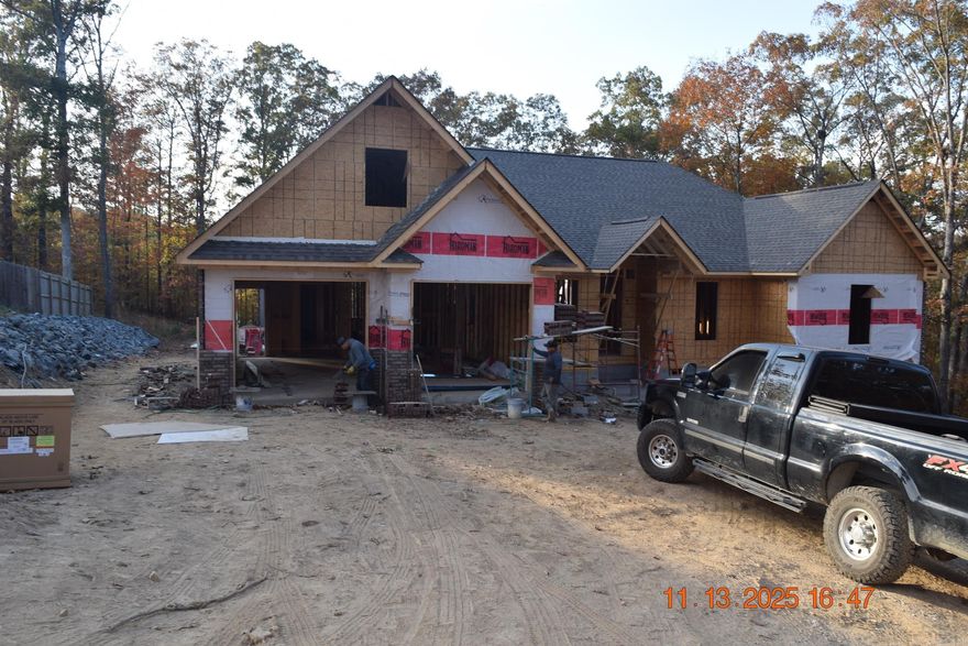 New construction not yet complete, offering a 4 bedroom, 3.5 bath layout with modern features throughout. Energy-efficient appliances, an efficient heat-and-air system, and a tankless caution hot water heater are already in place. Vaulted ceilings and two gas-powered fire inserts create a warm, inviting atmosphere.  A standout feature is the bonus room located behind the home, built with cement walls—ideal for use as a safe room, storm shelter, hobby space, or secure storage. This property gives the next owner the opportunity to finalize remaining details and make the finishing touches their own.