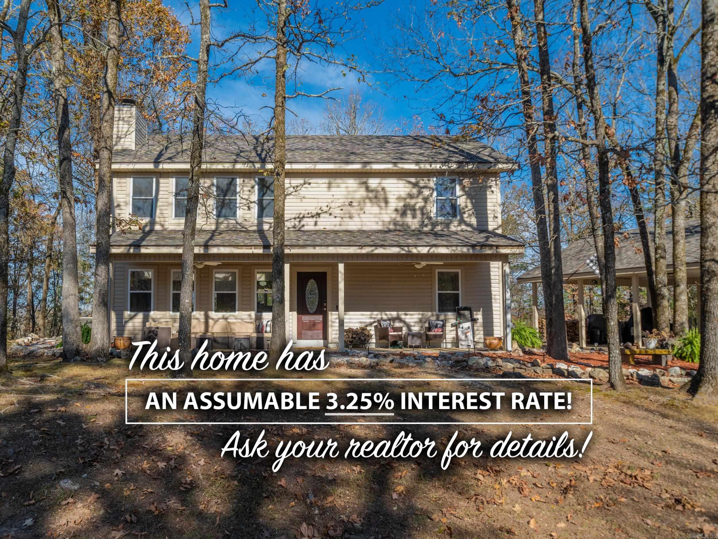 Check out this incredible home with an assumable 3.25% interest rate and a special offer from the sellersātwo FREE tickets to the opening game of the Arkansas Razorback football season with an accepted full-price offer! Located on a peaceful wooded lot in the Diamondhead community, this 2,204 sq. ft. home beautifully blends comfort with nature. Positioned between two lots, youāll enjoy extra privacy! This well-kept home features an open-concept living and kitchen area, perfect for entertaining. Large windows and soaring ceilings flood the space with natural light, providing picturesque views of the surrounding trees and wildlife. The primary suite and an upstairs bedroom both have spacious walk-in closets for plenty of storage. Step outside to your private outdoor oasis, complete with a propane fire pit for cozy evenings. This home is perfect for a primary residence, VRBO, or a vacation home! Enjoy amazing local amenities like an 18-hole PGA golf course, Olympic-sized pool, basketball, tennis, and pickleball courts, a pavilion, a 19th hole restaurant, and a Country Club. Sellers are also offering a First American Home Warranty, up to $650! *Also, qualifies for $0 down through RD!