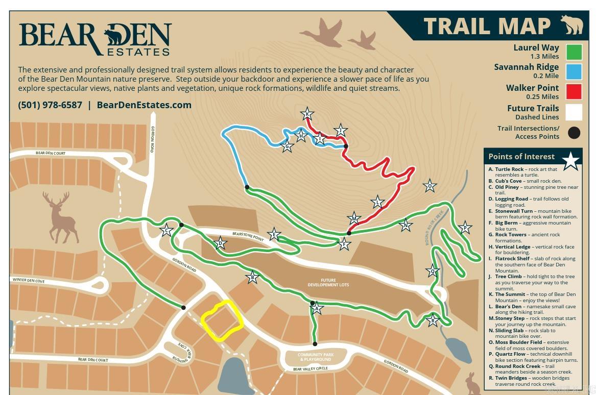 This lot and community is nestled at the foot of Bear Den Mountain! This green development emphasizes preservation, offering beautiful walking, hiking, and biking trails. The community also features a newly completed playground area. This wonderful location provides easy and quick access to Chenal Country Club and all the amenities West Little Rock has to offer.