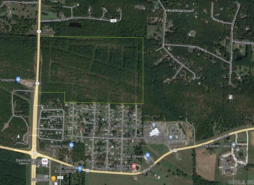 96 ACRES at WESTOAKS, West Oaks Phase III is an addition to West Oaks Subdivision, an established community conveniently located off HWY 5 and HWY 89 in Cabot, Arkansas. ATTENTION DEVELOPERS: The 96 wooded acres at West Oaks includes entitlements for a preliminary plat of 28+ acres and 58 lots Phase III inside Cabot City limits. The Preliminary plat was approved by the City of Cabot in 2008 and roadways were cut in 2009. Leaving the remaining acreage for future development. The West Oaks subdivision is comprised of single-family homes. Lots sizes approximately .35acres, with 1800 sqft minimum.  The location conveniently offers easy access to the interstate for a quick commute to work, shopping, schools, and surrounding cities. Approx. 1,450' of Hwy 5 Highway Frontage with COMMERICAL potential! Water, Electric, Sewer, and Fiber available. Traffic count as a High Traffic Location with over 14,000 per day on Hwy 5 per AHTD. The ARDOT proposed HWY 5 widening will start at the property line, estimated to start in 2025, could be prime commercial property.