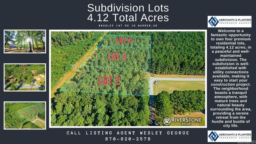 Welcome to a fantastic opportunity to own four premium residential lots, totaling 4.12 acres, in a peaceful and well-maintained subdivision. The subdivision is well-established with utility connections available, making it easy to start your construction project. The neighborhood boasts a tranquil atmosphere, with mature trees and natural beauty surrounding the area, providing a serene retreat from the hustle and bustle of city life.