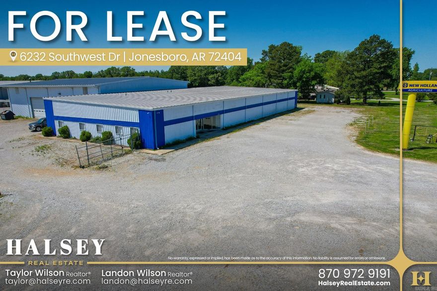 Lot 1 at 6232 Southwest Dr is available for lease and offers a functional industrial setup suited for a range of commercial users. The property features an existing ±16,540 SF warehouse/shop including ±2,650 SF of finished office space, providing a practical balance for operations, storage, and administrative needs.  The building includes multiple grade-level overhead doors and a layout that supports efficient day-to-day use for contractors, service-based businesses, and distribution or fleet-oriented operations. The site allows for straightforward access, circulation, and staging.  Positioned along Southwest Dr with approximately 12,000 vehicles per day, the property benefits from consistent visibility and convenient access to I-555 and US-67, allowing for efficient connectivity throughout Jonesboro and the surrounding region.  Lot 1 is available for lease or sale, offering flexibility for both tenants and owner-users. The adjacent Lot 2 is also available for sale, providing an opportunity to expand or secure additional frontage for future use.