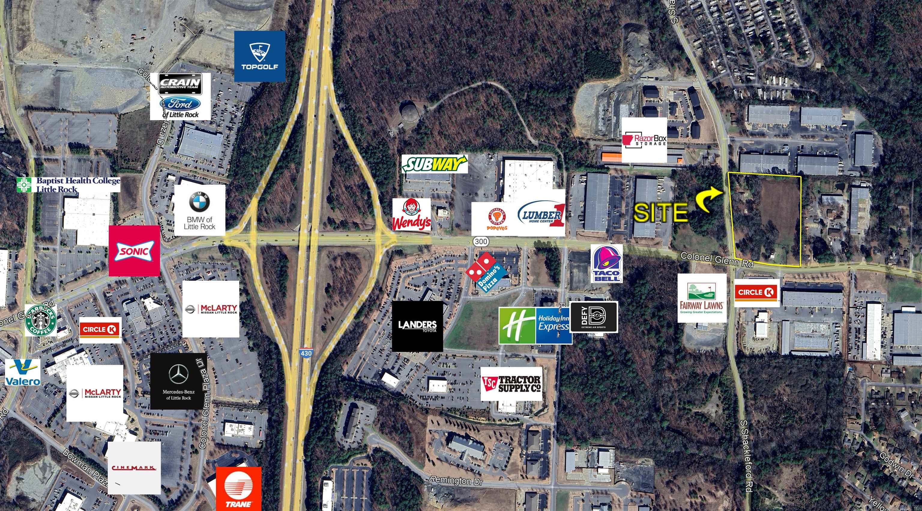For Sale, Lease or Build to Suit! Approximately 7.3 Acres of Level Vacant Land. This Property is Zoned Service Trade District on the Land Use Map but could be Rezoned for Various Commercial Uses. Great Location at the NE Corner of Colonel Glenn and Shackleford Road with a Traffic Signal. Less than Half a Mile from I-430 and Less than 1 Mile from Topgolf. Traffic Counts on I-430 are +/- 83,000 VPD and +/- 15,000 VPD on Colonel Glenn. This Property also has 2 Residential Income Producing Properties.