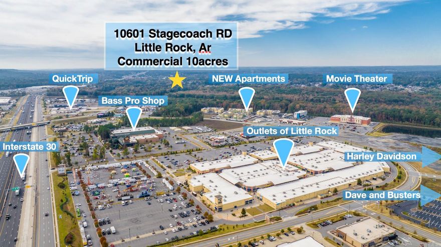 10.88 +/- Acres of Prime Undeveloped Land, less than a half mile from The Outlets, Bass Pro and I-30! Behind Valero. Right off Highway 5, near the busy Otter Creek and Stagecoach intersection. Surrounded by national retailers, restaurants, grocery store and lodging. Great frontage visibility with convenient access to Little Rock, Benton and Bryant. Don't Miss this Development Opportunity! Agents see remarks. ARIEL VIDEO https://youtu.be/xSx9n_wdkFE  ***10701 Stagecoach Rd. can also be sold with this property 2 bedroom 1 bath, with 5 acres included. (250K asking price)