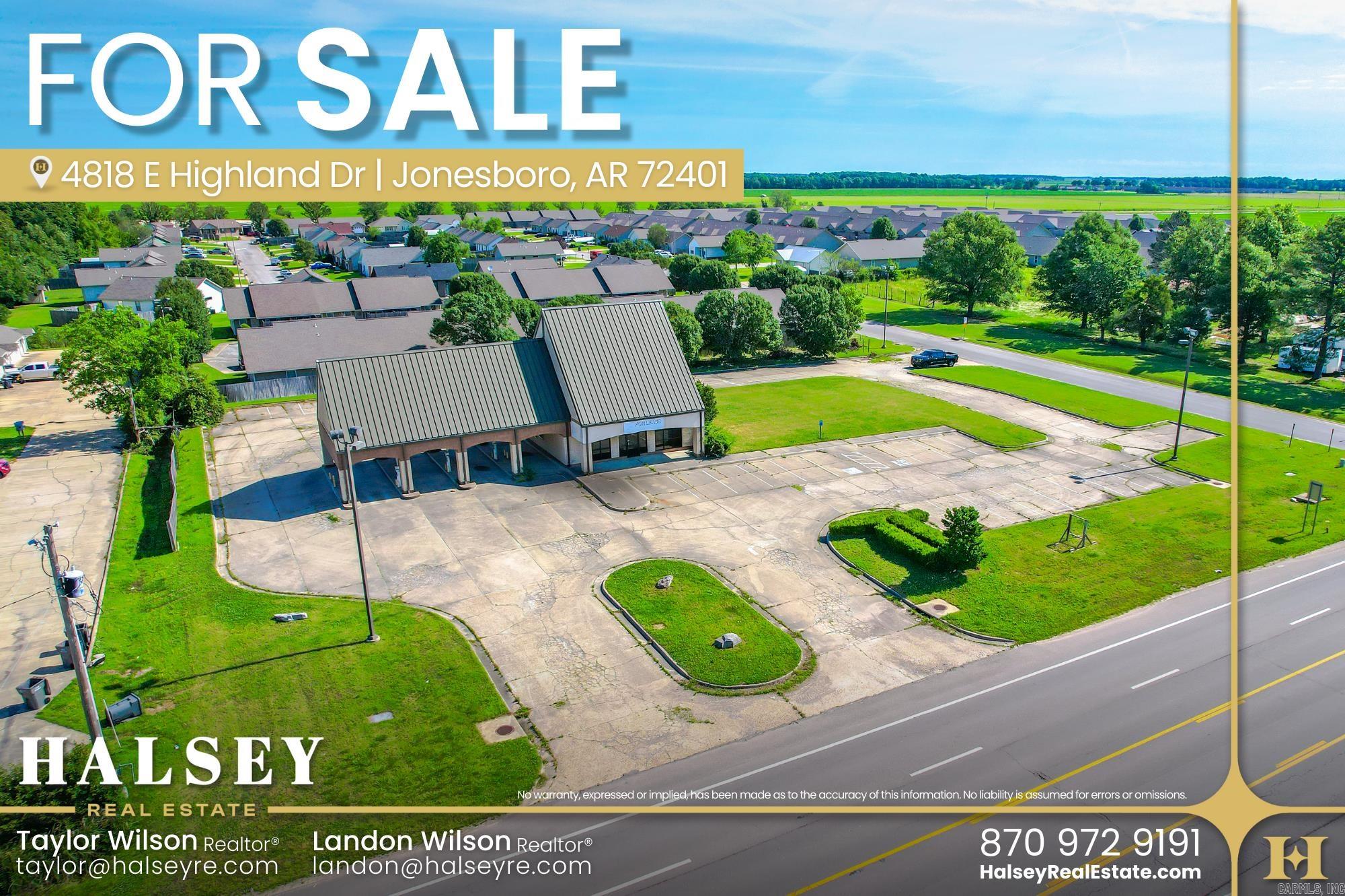 The commercial property at 4818 East Highland Drive offers an excellent opportunity for businesses looking to create a presence in a well established area of Jonesboro. The property sits on 1.29+/- acres and includes a 1,250 square foot building, currently built for use as a bank or credit union with four covered drive thru lanes. Located in the Industrial Trade Region of Jonesboro, it has 275 feet of road frontage, providing high visibility to the 16,000 CPD. 4818 East Highland Drive is in a prime location in a high-traffic area, on the main highway through the Industrial Trade Region. It offers easy access and excellent exposure. The surrounding area has experienced steady growth throughout the years, and the city works closly with the area to ensure adequate and updated infrastructure. The surrounding area is home to a variety of local and national businesses, including Hytrol, Kum & Go, and Swanner Furniture, creating a strong commercial environment that attracts a steady flow of customers. Nearby retail establishments like JCPenney, Dillard's, and Target, further enhance the property's appeal, offering additional customer traffic.