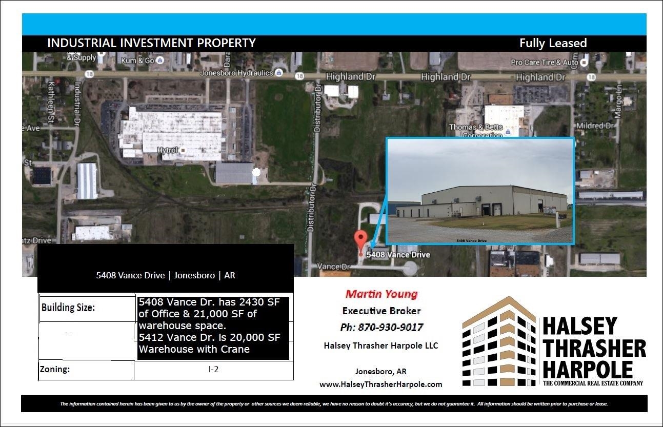 INVESTMENT PROPERTY FOR INDUSTRIAL INVESTORS. PROPERTY IS OCCUPIED BY A TENANT WITH A LEASE. DO NOT CONTACT THE TENANT FOR INFORMATION ABOUT THIS PROPERTY. Tenant has been in this location for over 20 years, servicing their customers in Northeast Arkansas. Lease is paid monthly including triple nets, including taxes, insurance and cam. Contact Martin Young for an NDA to discuss the details of this property.