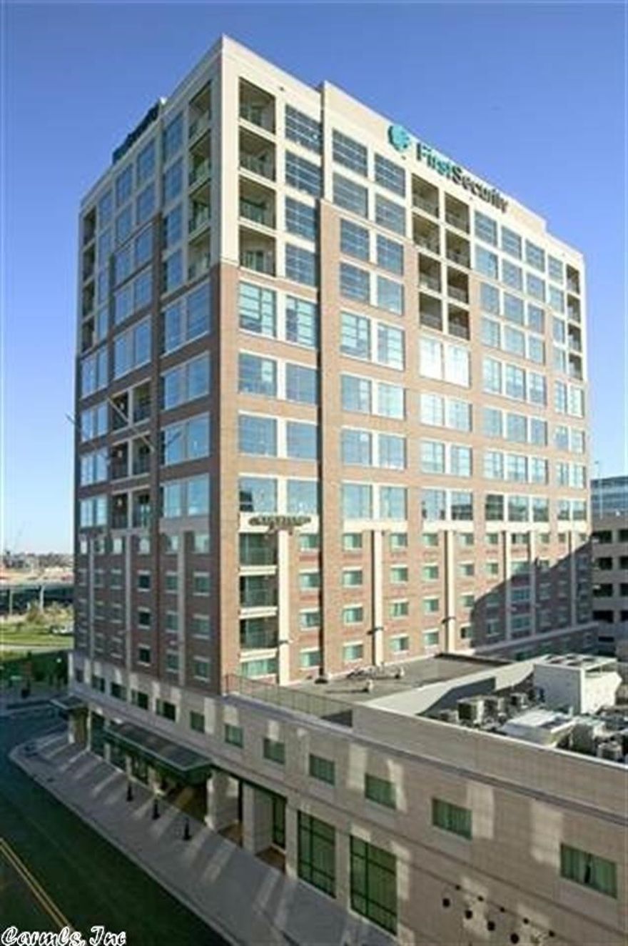 Southwest corner unit on the 12th floor of the First Security Building. Skyline views of entire River Market District from living room and river views from both bedrooms. Floor to ceiling windows, large terrace off of living room, carrera marble countertops in kitchen and baths.  Nice sized utility room, plenty of storage throughout. Light floors, white cabinets, wonderful natural light throughout!