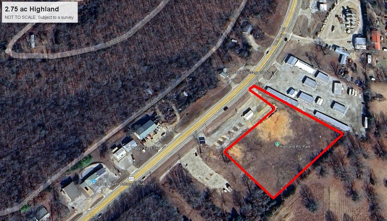 This prime commercial property is in a great location with heavy traffic count on 5-lane US Highway 62-412 in Highland, AR. City water and sewer are available. Would be subject to a survey and has an entrance from the highway. The building and RV pads in front could be purchased as well. Great location to build your commercial business. Lots of opportunity with 2.75 acres.