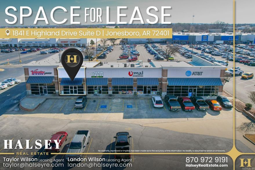Located in the heart of Jonesboro's Primary Retail District, this 1,600+ SF retail space at 1841 E Highland Dr, Suite D offers an exceptional leasing opportunity in a high-traffic area. With 22,000 CPD along E Highland Drive, the property boasts prime visibility, excellent road frontage, and ample surface parking with 50 spaces. Surrounded by a dynamic mix of national and local retailers, including Hobby Lobby, Walmart, and Target, this location ensures strong foot traffic and brand exposure. Offered at $26/SF NNN, this space is ideal for businesses looking to establish themselves in a thriving commercial hub.