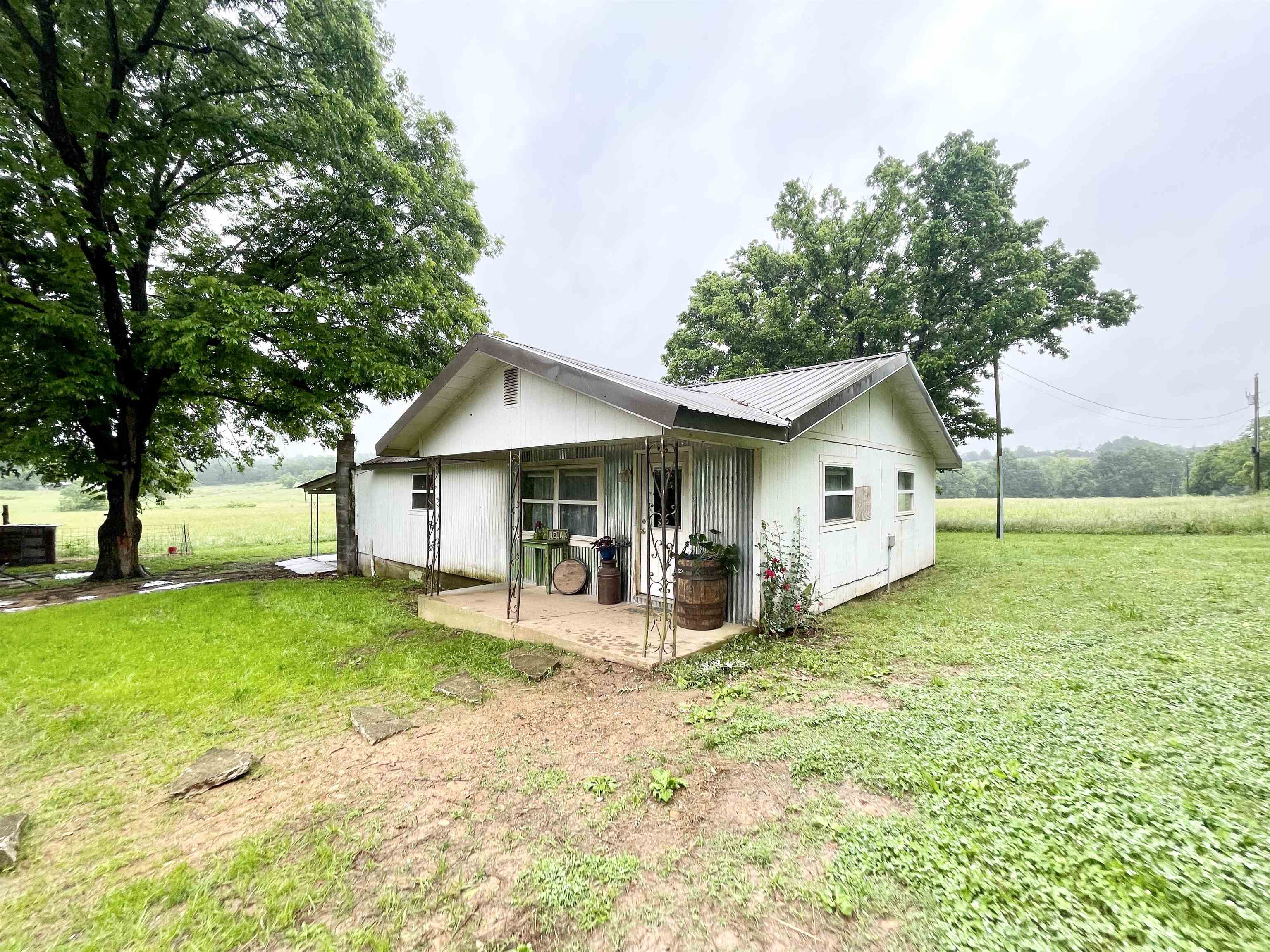 Welcome to your dream country escape! This beautifully remodeled 3-bedroom, 1-bath home sits on 9 acres of open PASTURLAND, offering the perfect blend of rustic charm and modern convenience. Updated in 2021, the home features striking BARNWOOD WALLS, eye-catching tin ceilings, and a durable metal roof that add to its authentic farmhouse character. Step inside to a spacious kitchen outfitted with a large island, stainless steel appliances, and SLIDING BARN DOORS that enhance the home's cozy, country feel. The layout is warm and inviting, with propane wall heaters to keep you comfortable through the seasons and HIGH-SPEED fiber internet to keep you connected no matter how rural your retreat may be. Outside, you'll find room to roam and endless possibilities. A hayfield stretches across the acreage, while LICK CREEK borders one side of the property—offering a peaceful natural backdrop and opportunities for fishing or exploring. With NO RESTRICTIONS, this land is your blank canvas: bring your livestock, build a shop, plant a garden, or park your RV with ease. The home also includes a private well and septic system, rural water access, and a one-car carport for added convenience.