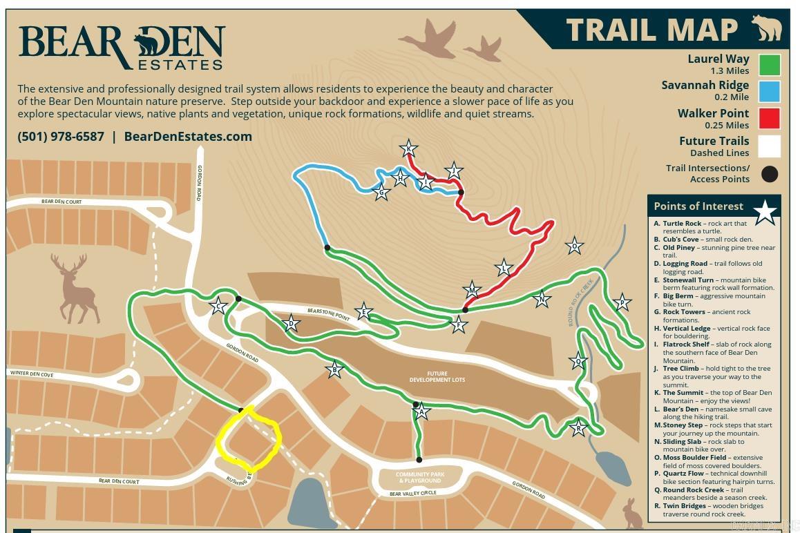 This lot and community is nestled at the foot of Bear Den Mountain! This green development emphasizes preservation, offering beautiful walking, hiking, and biking trails. The community also features a newly completed playground area. This wonderful location provides easy and quick access to Chenal Country Club and all the amenities West Little Rock has to offer.