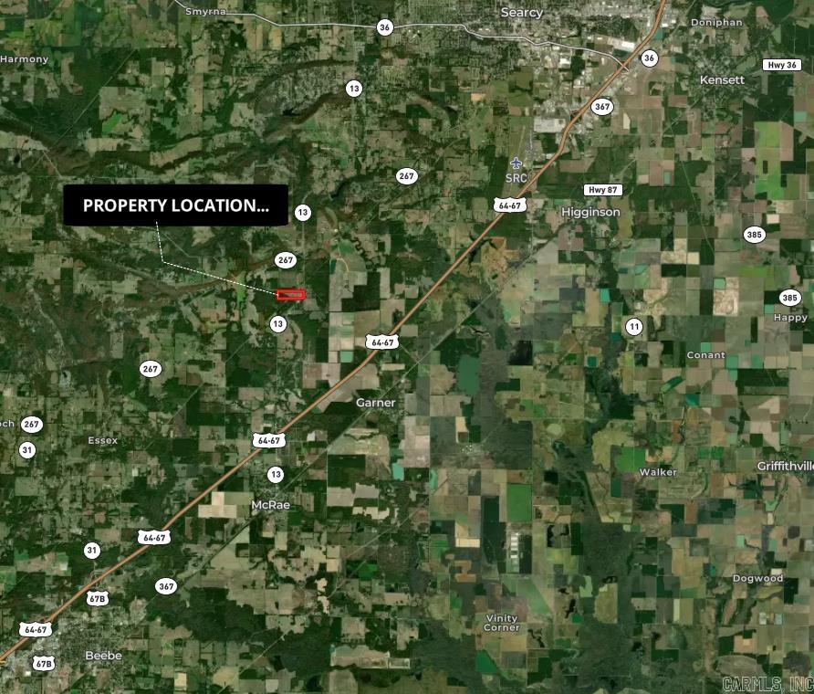 Outstanding location with the convenience you've been looking for. Country living with the paved road frontage and access to all of the amenities of town. Small farm enthusiasts looking to move into the country, look no further. This 49 acre m/l parcel has lots of potential for your small farm. (Additional acreage is available too.) This is an outstanding location for affordable country living! Little Rock commuters? This property allows you to access Hwy. 67 / 167 in about 3 minutes. The amenities of town are just a few minutes away too. Outstanding deer habitat and hunting, small game opportunities, trail riding, etc... -1 mile from Dollar General -3 miles from Hwy. 67 / 167 -10 miles from Searcy -7 miles from Beebe -County water -Electricity -440' of paved Hwy. 13 road frontage (Additional acreage available. Agent owned.)
