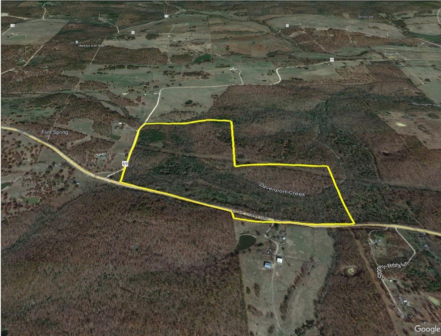 102 Acres of gorgeous hunting land. A hunter's delight or a nature lovers dream. This land would make for great off grid living, but there is power and water available if needed. 5 acres or so are open field, the rest is woods. There is a power line easement that makes for great shooting lanes and a place for box stands. Mature trees, cedar, several types of oak, etc. Not to mention that Davenport Creek runs across the entire lower half of the property. There is a nice pond up on the Northwest side of the property as well. There is a half mile of road frontage on Highway 62/412 and .30 miles of road frontage on Gum Springs Circle. 6 miles West of Salem and 4 miles East of Viola. There are several great building spots for a house or cabin. What more could you ask for? Come see for yourself and pick your spot for hunting, fishing, or building, it's your choice.
