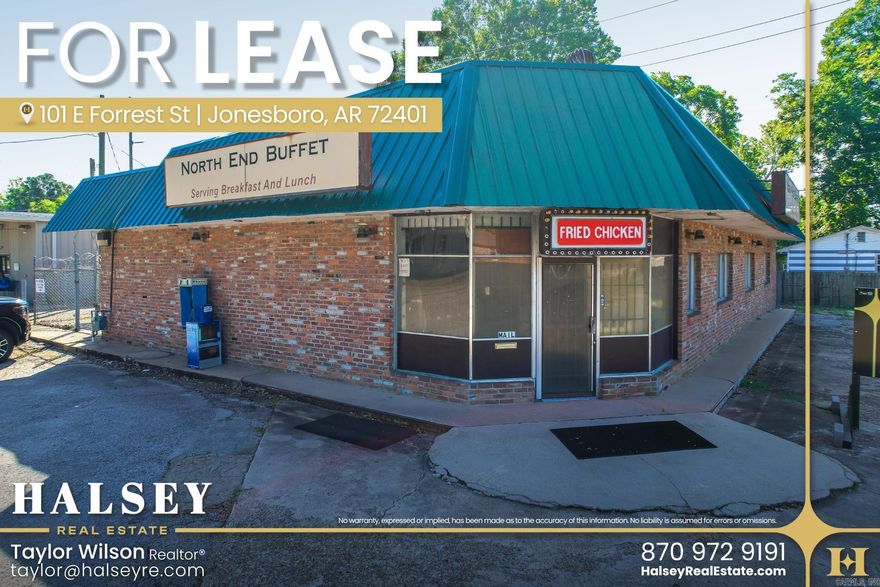 Prime Corner Location in Downtown Jonesboro - For Lease! Formerly home to the North End Buffet, this 2,924 SF freestanding building sits on a high-visibility corner lot at 101 E Forrest St. With 768 SF of the building dedicated to storage, this space offers a flexible layout ideal for a range of business uses. Offered at $2,500/month on a gross lease tenant is responsible for utilities and maintenance. Don't miss this opportunity to lease a well-known location in the heart of Jonesboro!