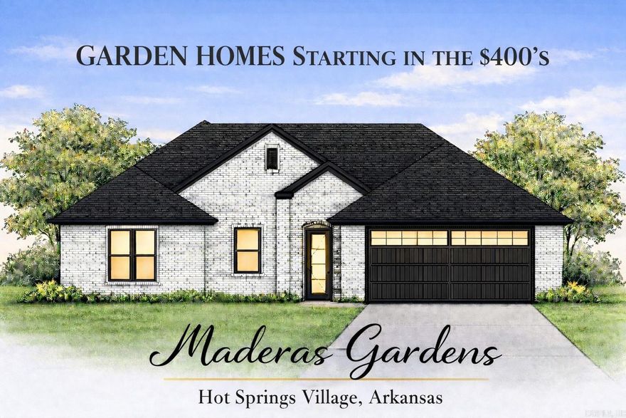 TO BE BUILT  New Construction in Maderas Gardens with buyer-selected custom finishes and low-maintenance living in Hot Springs Village! Built by a Certified Green Professional, these all-brick homes offer quality craftsmanship, energy efficiency, and the opportunity to personalize finishes and design selections. Flexible open-concept floor plans are ideal for comfortable living and entertaining, featuring stylish ceiling details, LED lighting, and an electric fireplace creating a warm focal point in the living area. The chef-friendly kitchen may include quartz countertops, designer cabinetry, and a spacious layout that flows seamlessly into the dining and great room. Durable luxury vinyl wood-grain flooring provides beauty and easy care throughout the main living areas. The primary suite can feature spa-inspired comfort, while two guest bedrooms offer flexibility for family, guests, or a home office. Enjoy relaxing on the covered patio overlooking association-maintained grounds for true lock-and-leave living. Located on the desirable East End near golf courses, lakes, pickleball, trails, fitness, dining, and shopping, with access to the many amenities of Hot Springs Village!