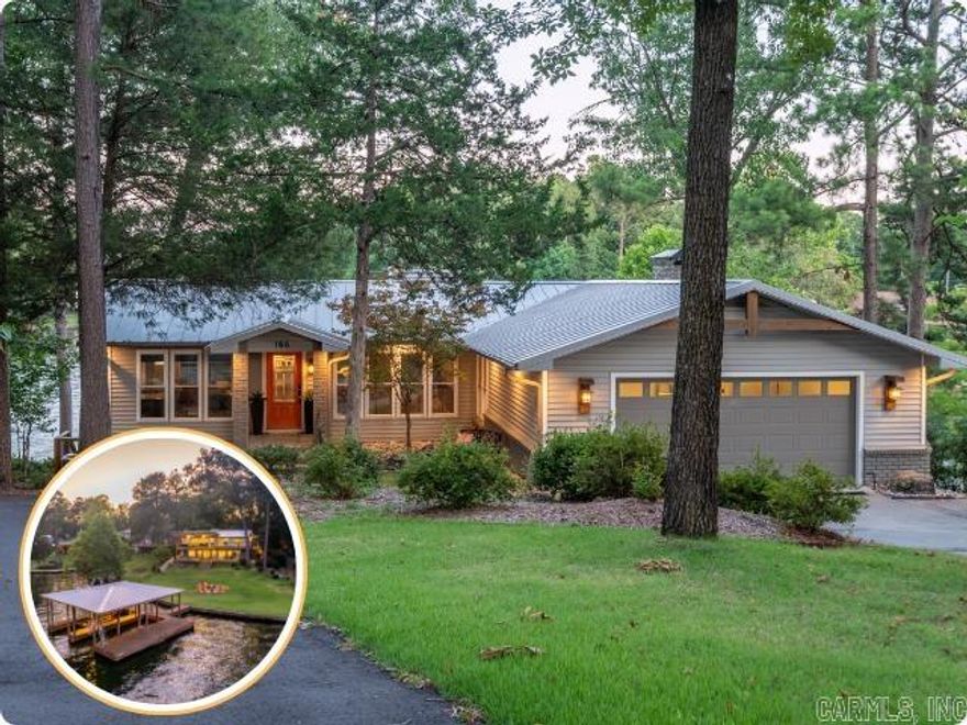 Nestled at the end of a cul-de-sac and curving around a point in the Hwy 7 South area of Lake Hamilton, this property offers the best of both worlds — the peaceful seclusion of  a calm cove paired with sweeping panoramic main channel views. The living room features a stone fireplace and expansive, view-framing windows, while the bonus room provides a relaxed lounge area with ample space for games and fun. The primary bedroom includes a sitting area and a spacious ensuite bath, together creating a private retreat. Each walk-out level bedroom offers direct access to the lakeside of the property, just steps from the two-stall stationary boat dock with lift. Living spaces transition seamlessly to two covered outdoor entertaining areas, where a hot tub, fire pit, and multiple leisure and gathering spaces await. You’ll also enjoy an unmatched vantage for viewing the holiday fireworks displays.  Currently used as a short-term rental that sleeps 14 guests, the home is offered fully furnished with chic and thoughtfully curated design elements. Perfect for full-time living, a private getaway, or a smart investment, this home delivers versatility and effortless lakefront living.