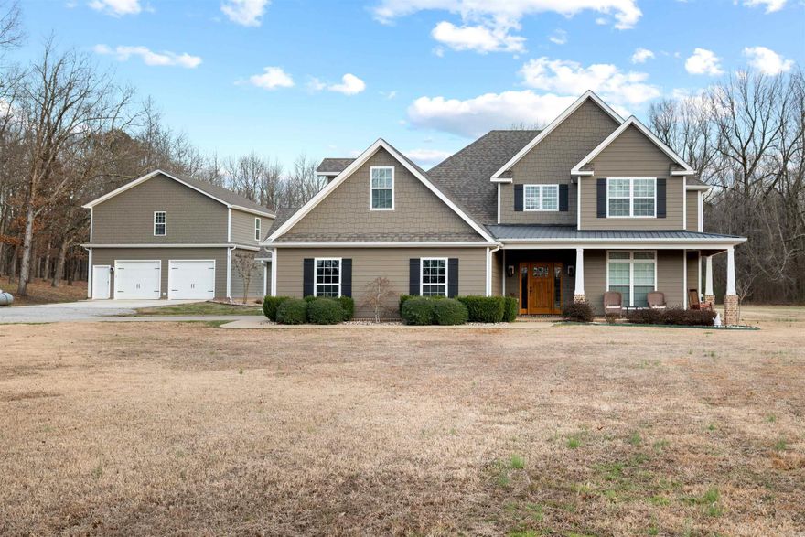 Priced below the recent appraisal, this home is nestled on a  21+ ac +/-, this stunning 4-bed, 3-bath home offers the perfect balance of country living with modern amenities, just minutes from the city.  Entering the custom gate, you’ll see the attention to detail that sets this property apart. The home features a wet bar, new roof 2022, & fresh paint inside & out, for a welcoming feel. New carpet in the bedroom upstairs & downstairs. Tankless water heater for endless hot water & the storm shelter provides peace. Outdoor lovers, the property boasts a 16' x 32' L-shaped pool with diving board, sun ledge, umbrella insert, & LED lights. Fenced pool area, along with updated electrical fencing at the front gate, ensures safety. This estate includes a detached garage with a reinforced upper-level gym, a large shop with a heated/cooled workroom, & new equipment storage building for 3 tractors. Workshop has plumbing & can be converter back to a 900 sq ft +/- with 2 beds & 2 baths mother-in-law’s suite or rental. Enjoy upgraded landscaping, a private pond, & a dirt bike track (convertible to a field). Modern upgrades like an upstairs AC unit & shop AC make the property move in ready.