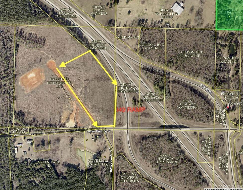 Strategic commercial location directly off exit ramp at Interstate 49 and Miller County 10! This location would be perfect for convenience store & gas station, RV park, manufacturing facility or shipping and receiving yard. 26 miles to Louisiana, 9 miles to downtown Texarkana, located between Dallas and Little Rock. Property is cleared with 3 phase power on MC10, access to city water and city gas on MC 10, outside of city limits which offer flexibility.
