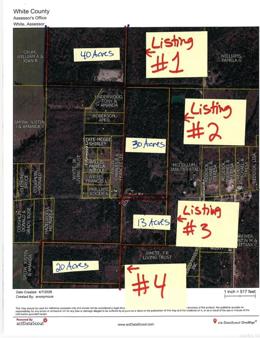 Parcel # 001-14026-001 = 40 acres Parcel # 001-14027-001 = 65 acres  105 acres total.  Also listed as 4 separate listings (40 + 30 + 20 + 15 acre tracts)