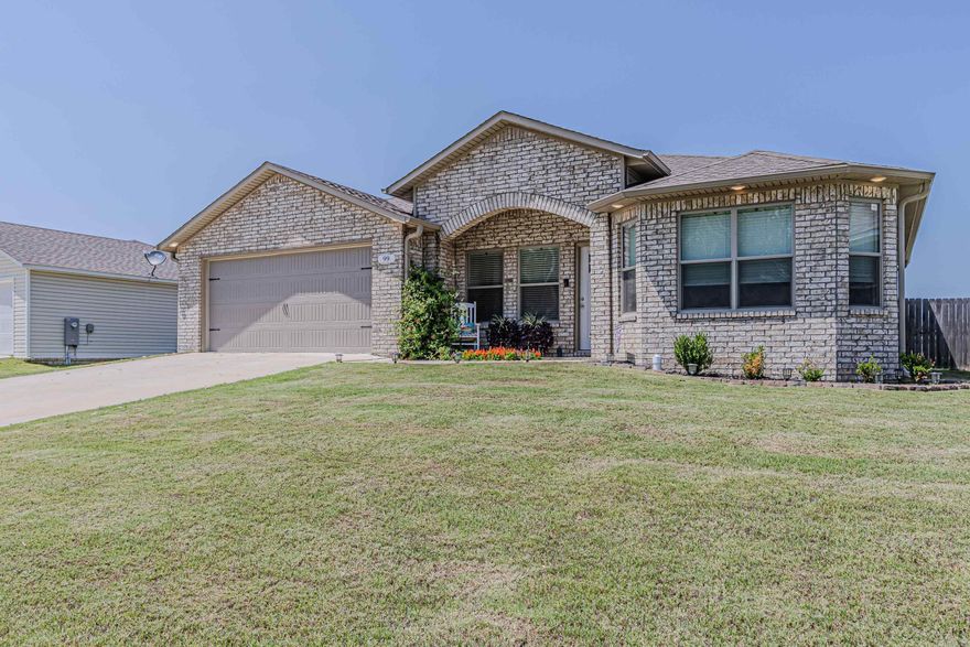 Beautiful 4-bedroom, 2-bath home offering approximately 1,389 sq. ft. with an open floor plan that lives larger than its size thanks to an efficient design with virtually no wasted space. The brick front with arched entry provides excellent curb appeal and a warm, inviting feel.  Built on a slab and loaded with upgrades, this all-electric home features fiber internet, custom cabinetry, decorative ceilings in the living room and primary suite, Low-E windows, LED lighting, blown-in cellulose insulation, and a high-efficiency heat pump for year-round comfort and energy savings.  The spacious primary suite features a custom walk-in shower, creating a comfortable retreat at the end of the day. The versatile fourth bedroom can easily serve as a home office, sunroom, playroom, or formal dining area to fit your lifestyle.  Located outside the flood zone, this property also includes a privacy fence, gutters, refrigerator, and blinds. Buy with confidence—seller is offering up to $5,000 toward buyer closing costs, a one-year home warranty, termite clearance letter, one-year builder warranty, and termite coverage. Move-in ready and packed with value!