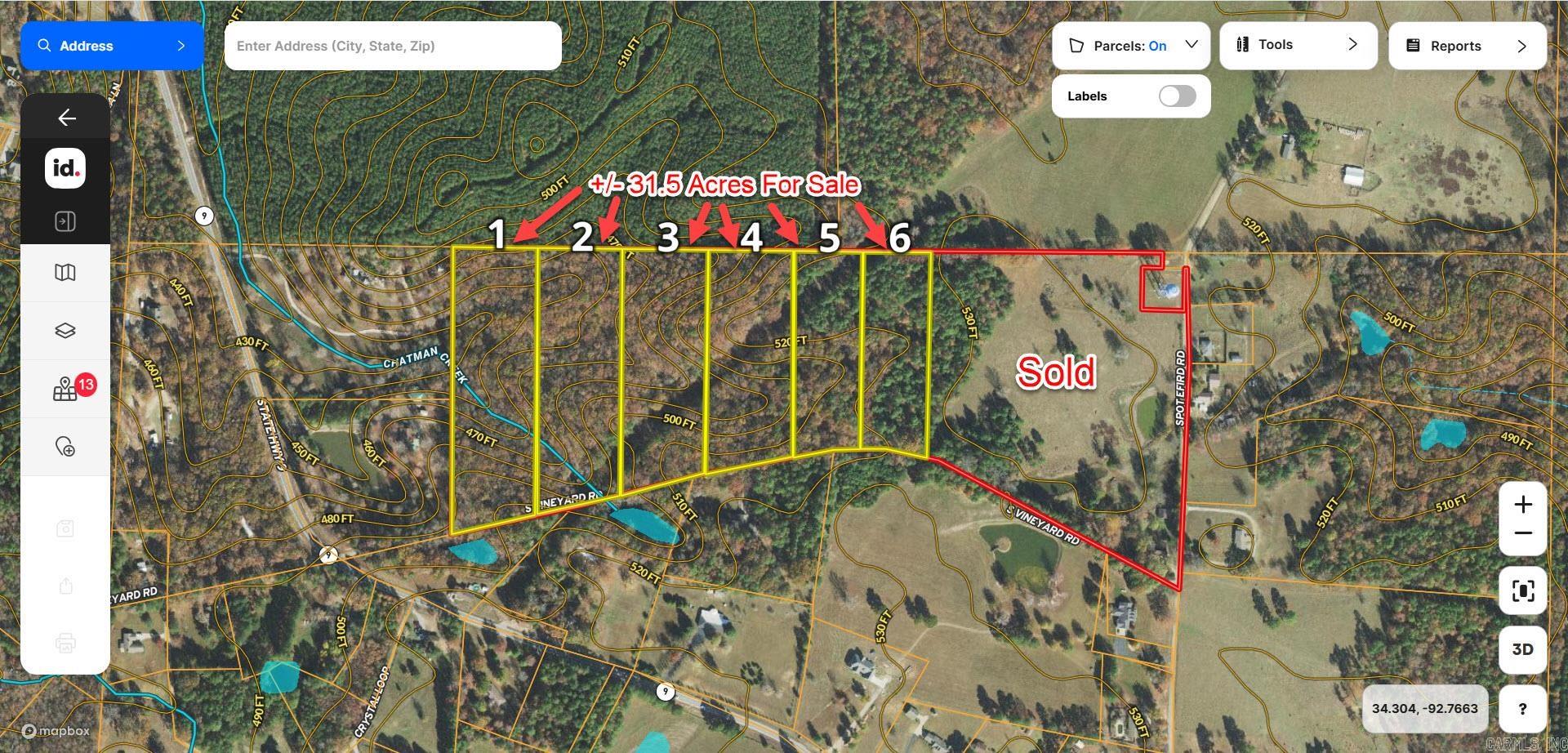 Preliminary Survey attacehed that divides the property into 6 lots ranging from 6.5 to just under 4 acres.  Timber has been cut recently.