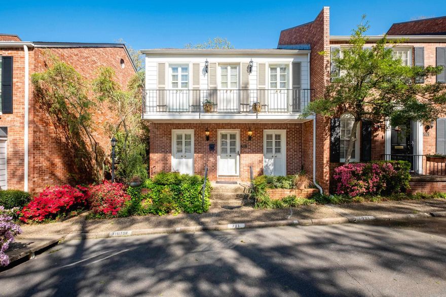 This French Quarter-inspired condo features 3 bedrooms, 2.5 bathrooms. The galley kitchen features beautiful granite countertops and lots of storage. The spacious living and dining area stays cozy with the gas log fireplace while reading your favorite book or entertaining friends. Upstairs, the personal quarters provide a fabulous balcony off the primary suite for beautiful spring days. Enjoy the warm summer months at the pool or use the party room to host your families next reunion. Centrally located in Mid-town, this property is hard to beat. Schedule your personal tour today.