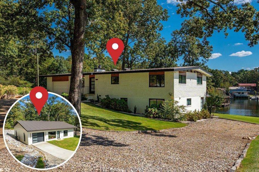 This distinctive lakefront estate offers two luxury residences on an acre of waterfront property in the heart of Hot Springs—ideal for multi-generational living, premium guest accommodations, or an income-producing investment. Enjoy a stationary double boat dock, swim/fishing dock, and gentle walk to the water in Lake Hamilton’s iconic ‘Sam’s Pizza Cove.’ The main house holds a coveted STR License, built with mid-century modern flair, fully restored in 2020, and is offered furnished for turnkey use. Designed for entertaining, the open-concept kitchen, living, and dining areas showcase sweeping lake views and patios. Sleeping eight, it features a primary suite on the walk-in level, a second king bedroom, and a versatile bunkroom/game lounge. The guest house, built in 2024 with finishes matching the main home, offers two beds, 1.5 baths, an open floor plan, abundant light, covered patio, and second garage. Both homes include on-demand water heaters, gas heat, lake-fed irrigation, premium appliances, brick facades, black-on-black Anderson windows, and metal roofs. With two beautiful homes, prime setting and transferable STR license this estate blends lifestyle and investment potential