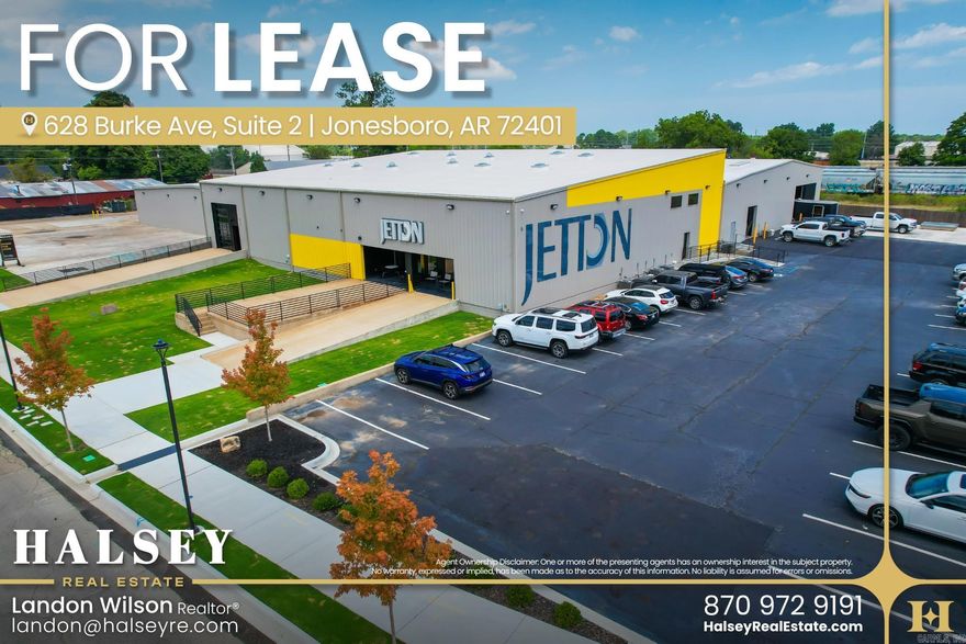 This ±25,218 SF industrial space at 628 Burke Ave offers a functional setup in a central Jonesboro location. Offered at $6.50/sf/yr. The warehouse is mostly open with a durable floor, making it easy to adapt for different operations. It includes three dock-high doors and one drive-in door, allowing for a mix of loading options depending on your needs. There are also two office areas and two restrooms already in place. The property sits on a paved lot with room for parking and circulation, and the layout allows for straightforward truck access. Being in the downtown area, it’s positioned near a mix of commercial users, services, and main routes through Jonesboro, making it convenient for both employees and deliveries. This space could work well for warehouse storage, distribution, light manufacturing, contractor use, or a service-based business needing a combination of office and shop space. There is also flexibility for build-out if a tenant needs to tailor the space further.