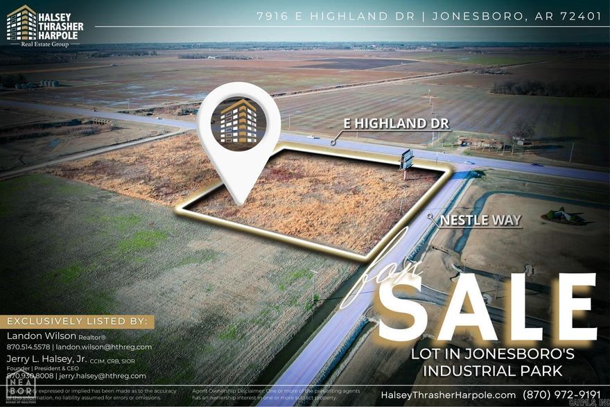 7916 E Highland Dr. in Jonesboro, Arkansas presents an exceptional opportunity. Not only does it benefit from a strategic location with excellent visibility and easy access from major thoroughfares, the property adjoins Craighead Technology Park, is surrounded by industrial trade, and is just minutes away from the Primary Retail District of Jonesboro. Jonesboro is experiencing significant economic and population growth, driving the demand for commercial properties. The property's location in a prominant district positions it to capitalize on the trend and achieve favorable rental rates and property appreciation. The proximity to industrial trade makes it this attractive location for retail stores, restaurants, offices, or service-oriented businesses catering to local businesses' needs. It also presents a compelling investment opportunity for investors seeking income-producing assets with growth potential. The property's strategic location, coupled with its commercial zoning and market dynamics, makes it an attractive prospect for both short-term returns and long-term appreciation. The property's size and zoning offer flexibility for development projects tailored to specific busines